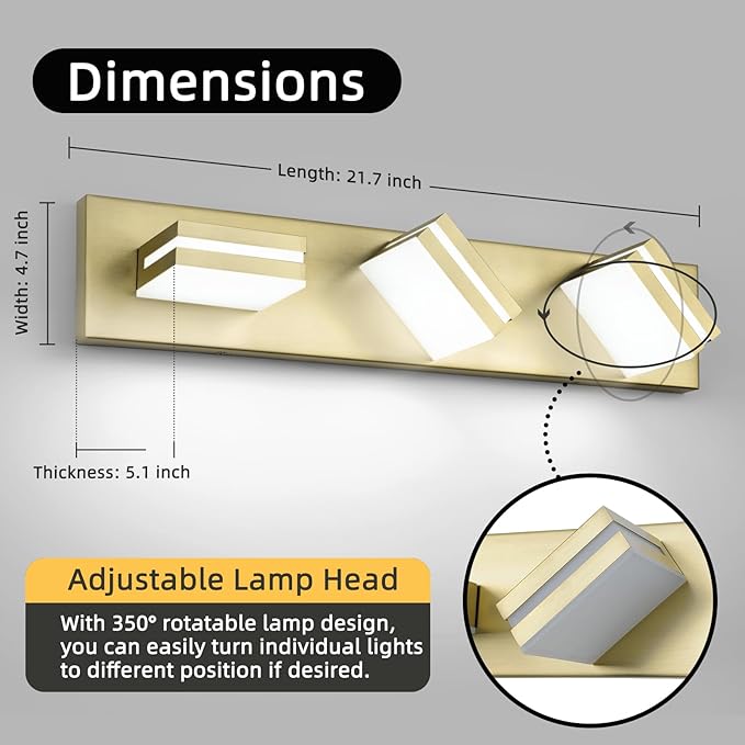 OKELI 3 Light Bathroom Vanity Light Gold Modern 24W LED Dimmable Vanity Light Over Mirror 350° Adjustable Lamp Head Cold White 6000K ETL Listed 22Inch