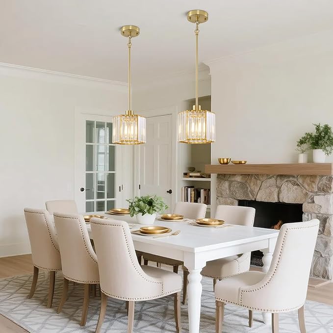 XSDeTu 2 Pack Gold Pendant Lights Kitchen Island, Modern Crystal Pendant Light Fixtures, 1-Light Small Farmhouse Chandelier, Adjustable Brass Hanging Light Fixture for Dining Room, Hallway, Bedroom