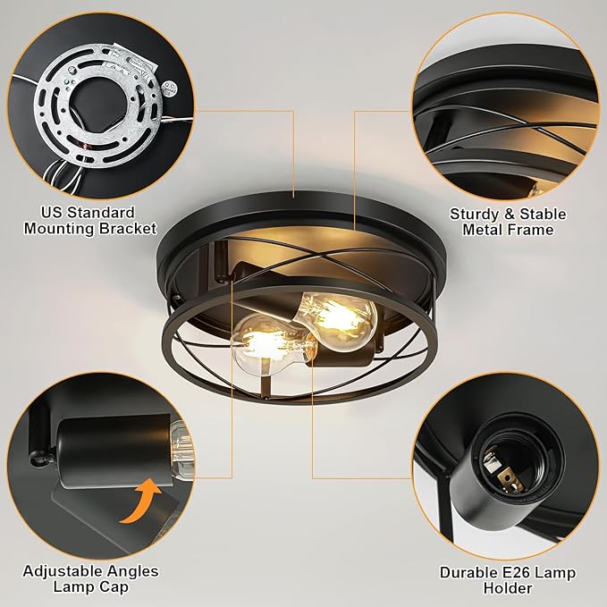 Farmhouse Lights,Black Industrial Flush Mount Ceiling Light, Ceiling Lamp Farmhouse Lighting Fixture for Hallway, Bedroom, Kitchen, Entrance, 2-Light