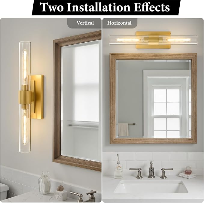 Champagne Brass Bathroom Wall Sconce - Modern Gold Light Sconces - Dimmable Lighting Fixtures - Vertical or Horizontal Mounted Clear Glass Tube Vanity Lights for Indoor Living Room Hallway