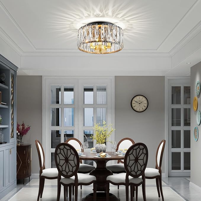 K9 Crystal Ceiling Light, 3-Light Modern Flush Mount Ceiling Light Fixture for Living Room, Dinning Room Hallway, D12 × H6 inch, Black & Gold Finish Frame & K9 Crystal