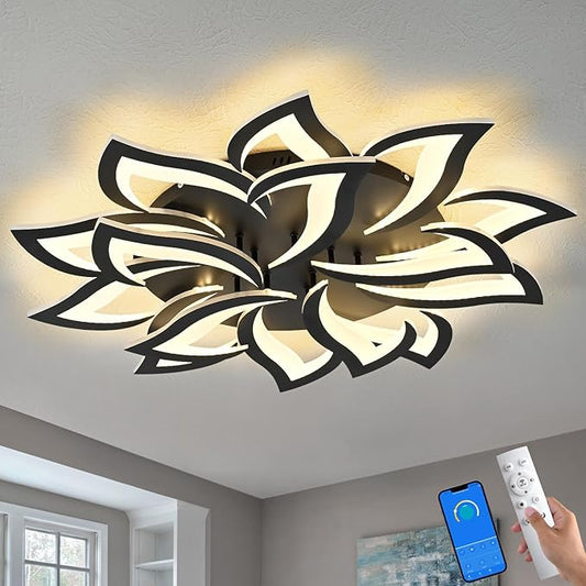 HuixuTe 36" Black Modern Geometric Dimmable Ceiling Light Fixture, 15 Leaves Low Profile Flush Mount Ceiling Light for Kitchen, Bedroom, Living Room