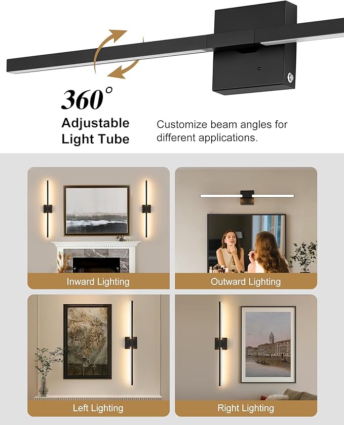 Rayogale 40 Inch 8000mAh Rechargeable Battery Operated Wall Sconce Set of Two, Cordless, 3000K/4500K/6000K, Dimmable, Timer, Remote, Touch Control, USB-C Charging, 360° Rotation for Living Room Black
