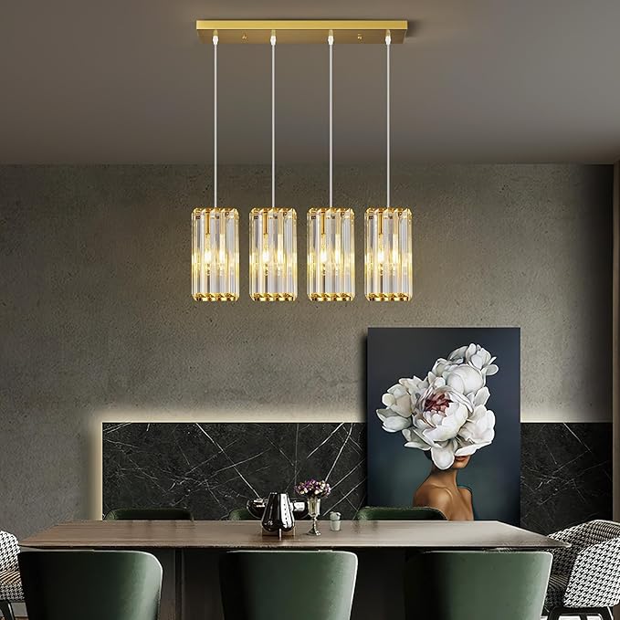 Modern Pendant Light Gold Rectangle Pendant Lighting Mini Crystal Chandeliers Adjustable Pendant Light Fixture for Kitchen Island Dinning Room Living Room Corridor Bedroom(Gold 4-Light)