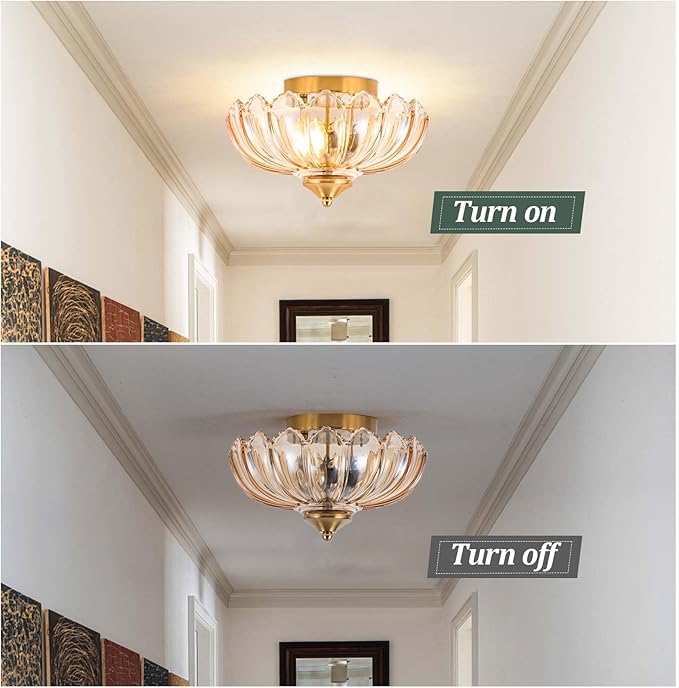 Vintage Ceiling Light,Semi Flush Mount Ceiling Light 9.8 Inch Hallway Vintage Lights Fixture Ceiling E26 Small Amber Glass Ceiling Lighting for Living Room, Bedroom, Dining Room