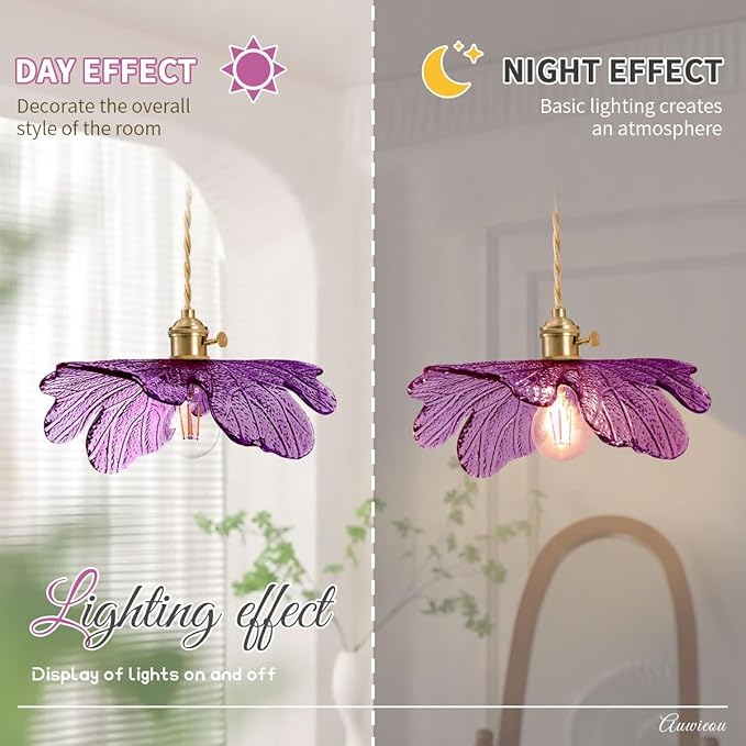 Mid Century Pendant Light with Purple Glass Flower Shade Vintage Hanging Light in Brushed Brass, Gold Adjustable Ceiling Lighting for Kitchen Island, Dining Room, Bedroom