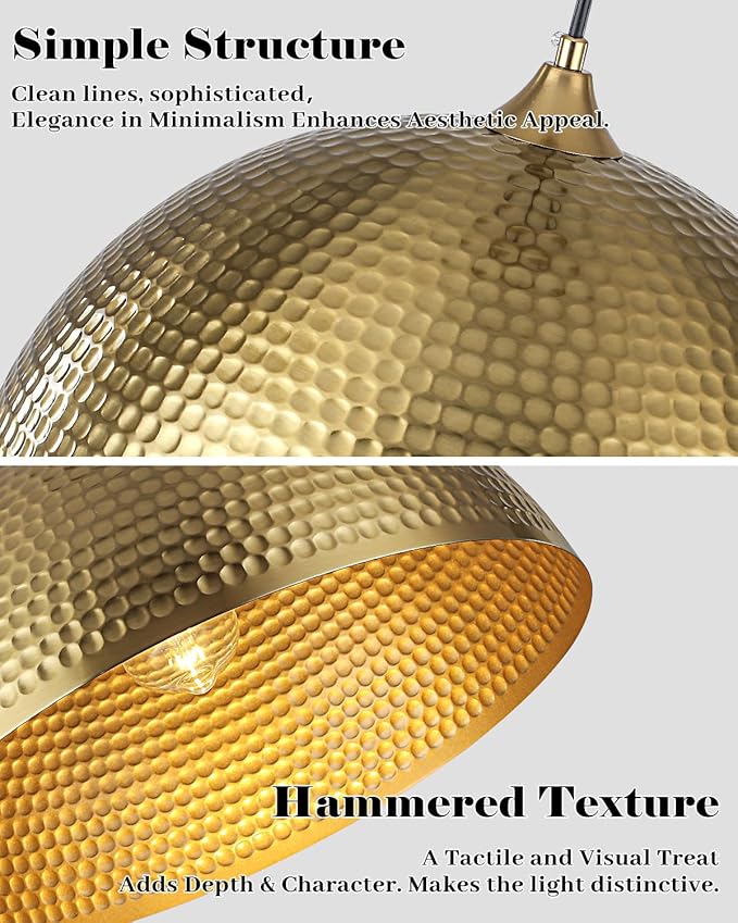 Gold Pendant Light 16 inch, Hammered Large Dome Pendant Light, Industrial Farmhouse Pendant Lights Kitchen Island, Gold Kitchen Pendant Lights for Kitchen, Dining Room Living Room 2 Pack