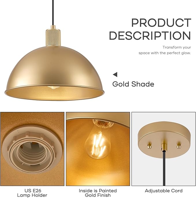 12 Inch Gold Dome Pendant Lights 3 Pack for Kitchen Island, Height Adjustable Farmhouse Industrial Hanging Light Fixtures Over Table for Dining Room, Entryway