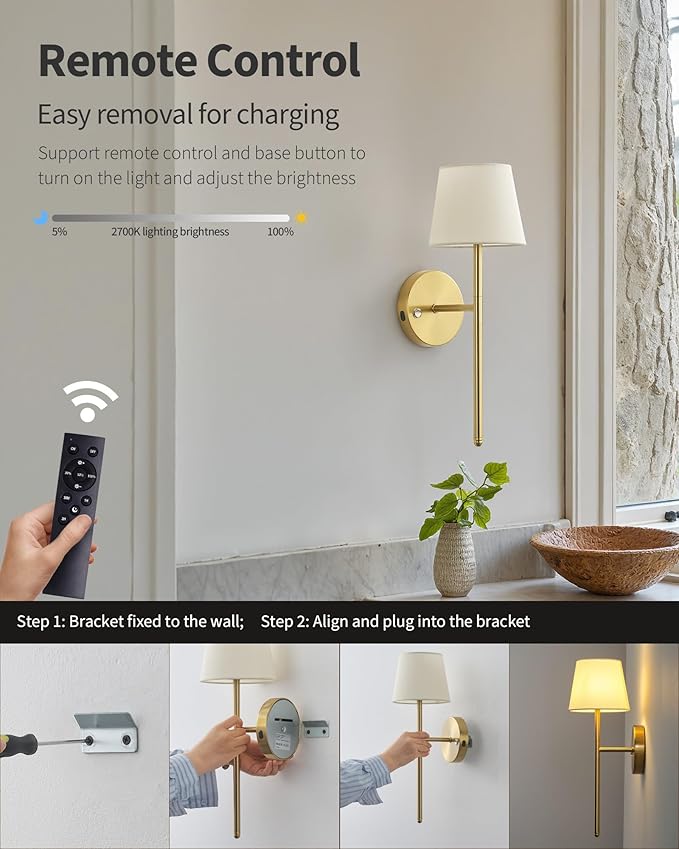 Gold Wall Sconces Set of Two, Small Rechargeable Battery Operated Wall Lamp with Remote, 5200mAh Cordless Wall Lights with Fabric Shade for Bedroom, Bedside, Nursery, Kitchen, Night Light
