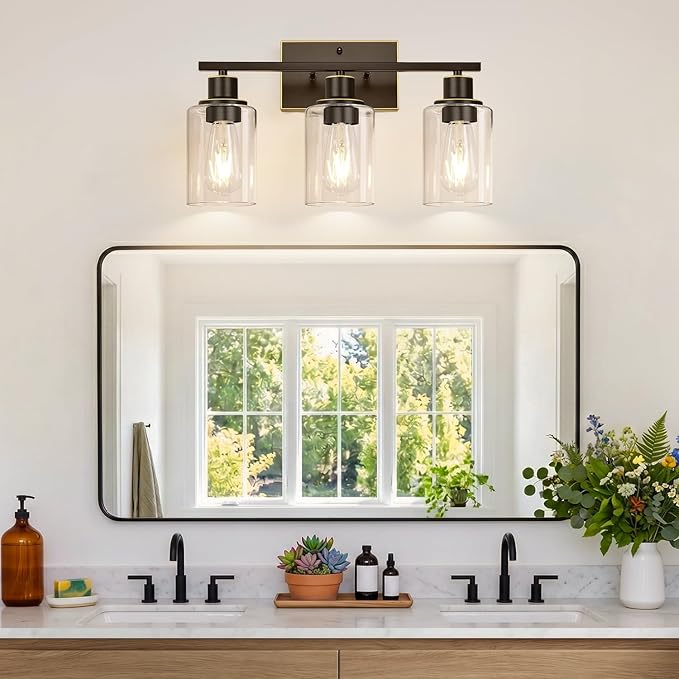 Indoi 3 Light Bathroom Light Fixtures, Oil-Rubbed Bronze Modern Vanity Lights with Clear Glass Shades, Bathroom Wall Lamp for Mirror Living Room Cabinet Bedroom Porch