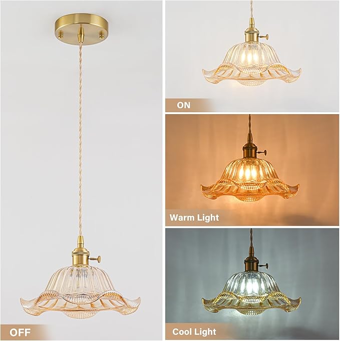 Vintage Pendant Lights Kitchen Island, Adjustable Brass Pendant Light Fixtures with Amber Lily Glass Lampshade, Gold Kitchen Pendant Lighting Over Island, Pendant Light for Dining Room Hallway