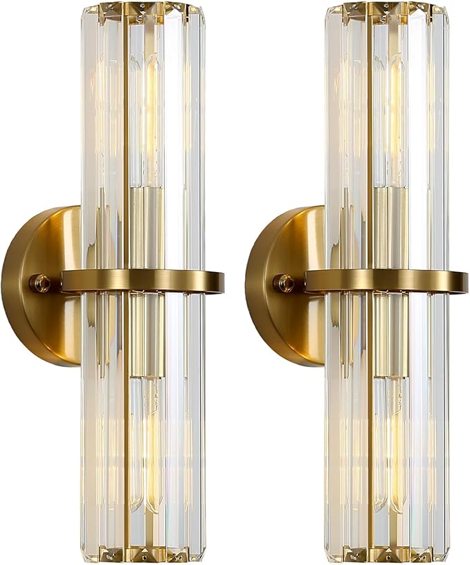 Crystal Wall Sconce Set of 2, Gold Crystal Bathroom Wall Light, Modern Sconces Wall Decor 2-Light Luxury Indoor Wall Lamp 15.7-Inch for Living Room, Hallway, Mirror, Bathroom, Vanity E26