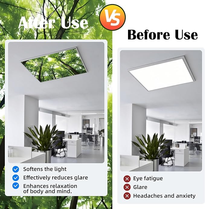 ANGSYLTH 2 x 2 Feet Fluorescent Light Covers - 4 Pcs Covers for Ceiling Lights, Magnetic Light Filters for Classroom, Office, Hospitals, Home (Spring & Forest)