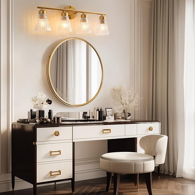 4-Light Bathroom Vanity Light, Painted Gold Bathroom Light Fixtures Over Mirror with Stripe Glass, Modern Wall Lamp, Wall Sconces Lighting for Living Room Bedroom Kitchen Hallway