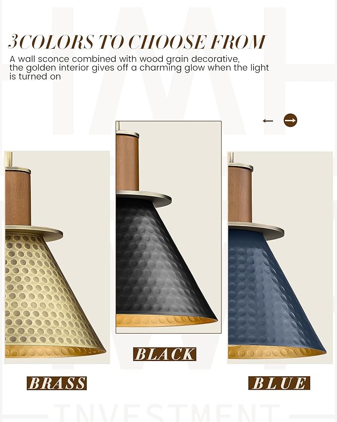 Modern Wall Sconces Set of Two, HWH Industrial Sconce Wall Lighting 1-Light, Brass Barn Wall Vanity Light for Bedroom Kitchen, Hammered Metal Shade, Black and Gold Finish, 5HZG74B-2L BK+BG