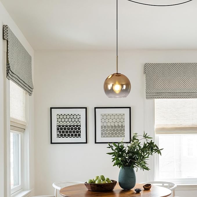 KCO Lighting Mid Century Modern Plug in Pendant Light Gold Glass Globe Pendant Lighting with Adjustable Cord Large Hanging Light Fixture with Plug in Cord for Kitchen Island Dining Room (25cm)