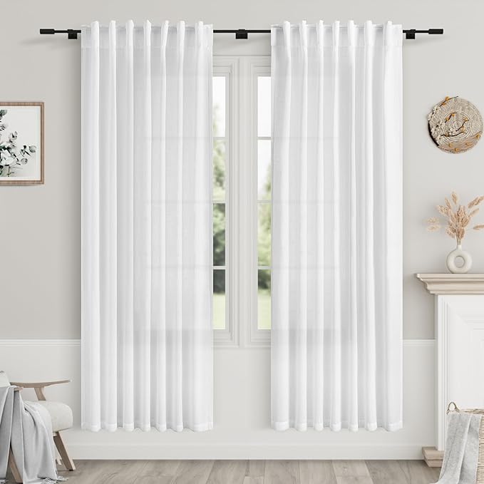 Nanspring White Linen Curtains 67 Inch Length for Living Room Semi Sheer Light Filtering Privacy Back Tab Rod Pocket Drapes 2 Panels Set Neutral Modern Farmhouse Window Curtain for Bedroom 52x67