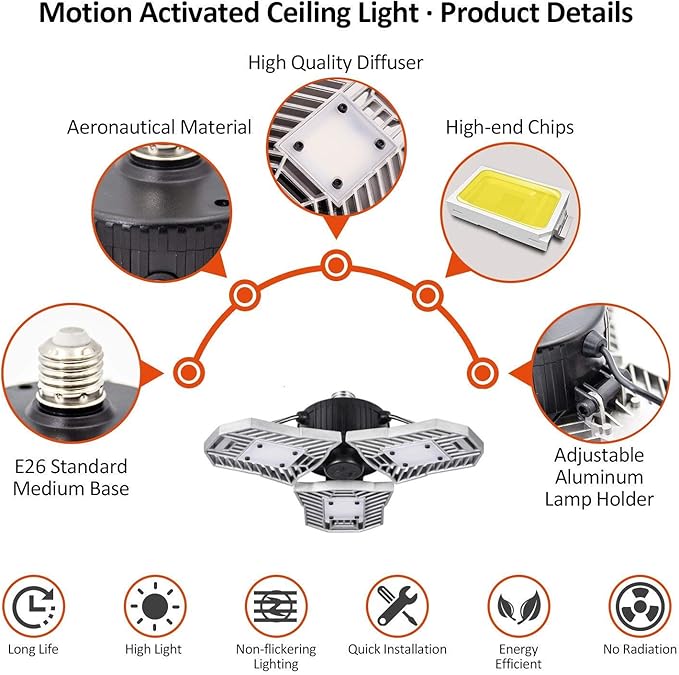 Deformable Garage Led Light High Intensity Mining Lamps 60W 6000LM Adjustable Ceiling Light Garage, Warehouse,Attic,Workshop,Basement. (6000K White, Silver Motion Activated Version)