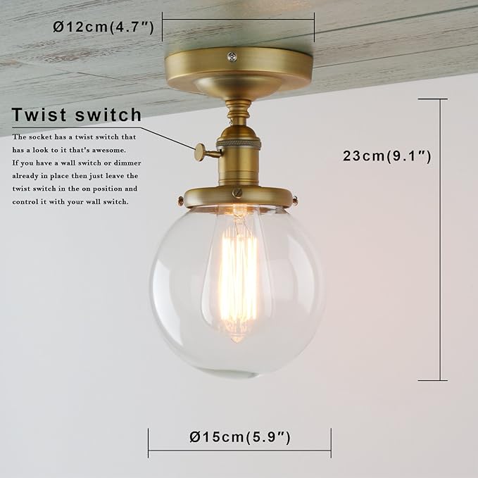 PERMO Semi Flush Mount Ceiling Light Modern Globe Clear Glass Shade Industrial Hallway Light Fixtures for Kitchen, Bathroom, Farmhouse Ceiling Light for Entryway (Antique Gold)