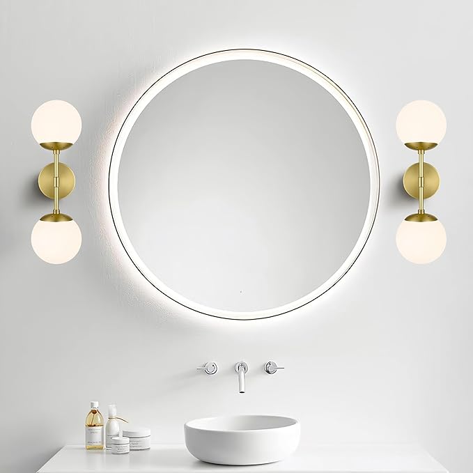 KoKo&Yukina Mid Century Modern Bathroom Lights Gold Vanity Light Fixtures Globe Sconce 2-Light Bathroom Gold Vanity Light Mid Century Glass Globe Wall Lights
