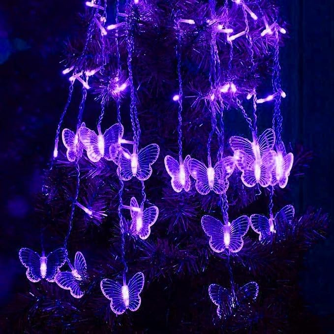Lainin 12ft USB-Powered Butterfly Fairy Icicle Lights Curtain Night Light with 8 Unique Modes - Perfect for Indoor/Outdoor Parties, Weddings, Christmas & Room Decor - Purple