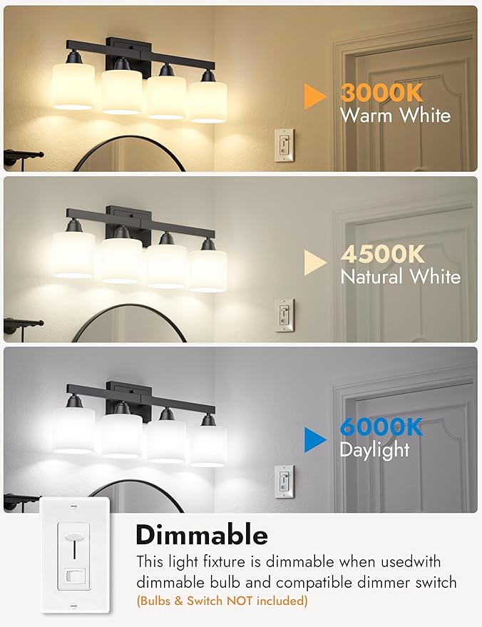 VOLISUN Matte Black Bathroom Light Fixtures, 4-Light Bathroom Vanity Lights Over Mirror, Modern Vanity Light for Bathrooms, Bathrooms Lights Fixtures Over Mirror with Milky White Frosted Glass Shades