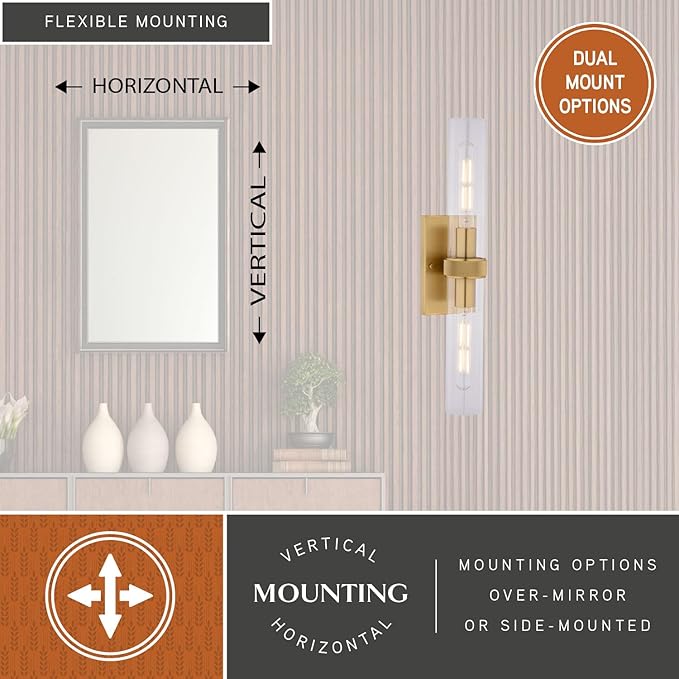 VAXCEL Bari 2-Light 4.5 in. Wide Satin Brass Contemporary Wall Sconce, Clear Glass Shade, Dimmable, LED Compatible, Vertical or Horizontal Mount, Steel Bathroom Vanity Lighting Fixture