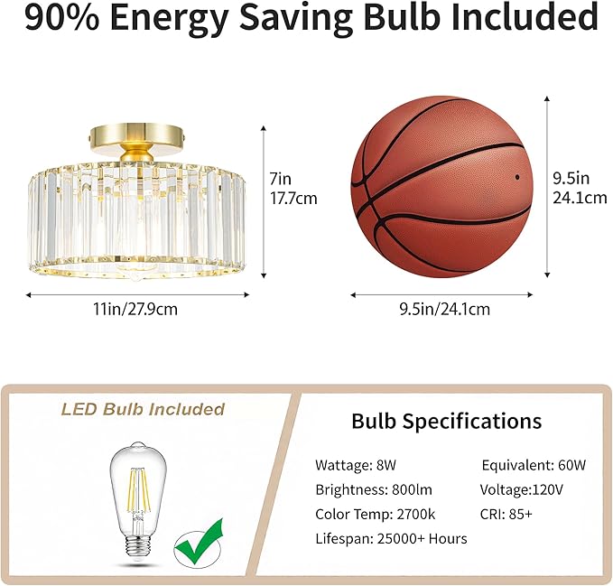 Mayful Modern Crystal Ceiling Light,Gold Seim Flush Mount Lighting Fixtures,Round Hallway Light Fixtures for Entryway Bedroom Kitchen Laundry Room,11 Inch