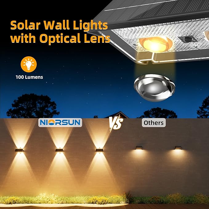 NIORSUN Solar Fence Lights Outdoor, 12 Pack Up and Down Waterproof Solar Wall Lights, Warm & Cool White + RGB, Fence Lights with Lens, Dusk to Dawn Lighting for Patio, Backyard, Pool, Railing (Black)