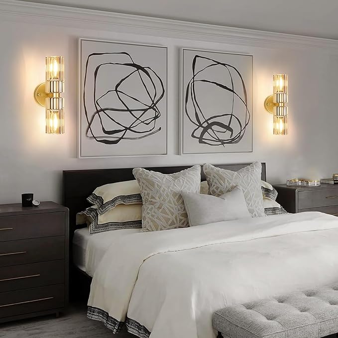 Crystal Wall Sconces Set of Two, 13'' Modern Brass Sconces Lighting with K9 Crystal Lampshade, Indoor Large Brass Wall Light Fixtures for Living Room Bathroom Hallway Stairs Bedroom