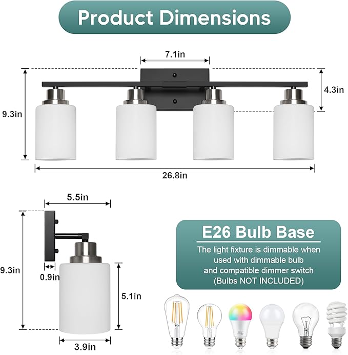 Ascher Bathroom Light Fixtures, 4-Light Vanity Light Over Mirror, Black and Nickel Wall Sconces with Milky White Frosted Glass Shades, Wall Lamp for Living Room Bedroom, E26 Base(Bulbs Not Included)
