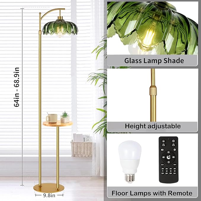 QIYIZM Gold Floor Lamp with Table and Shelves for Living Room Bedroom,Glass Standing Lamp with Remote Dimmable,Boho Brass Tall Lamp Vintage Farmhouse Arc Flower Floor Light Bohemian
