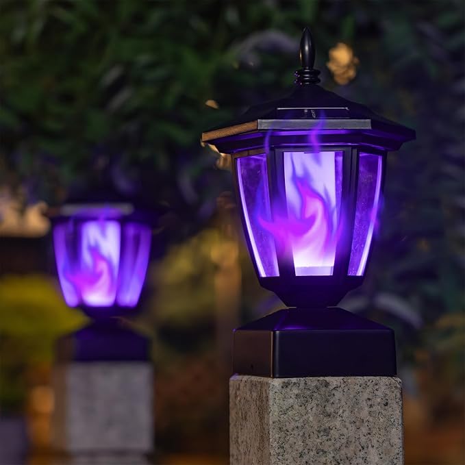 Dynaming Solar Flame Post Cap Lights Outdoor, Halloween Flickering Purple Flame Post Lights, Solar Powered LED Lantern Waterproof for Garden Deck Fence Patio, Fit 4x4, 5x5 or 6x6 Wooden Posts, 6 Pack
