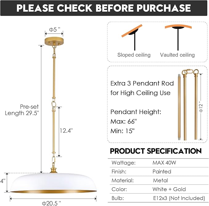 Large Pendant Light 20in White and Gold Dome Pendant Lights 3 Light Socket Pendant Light Fixture with Adjustable Pendant Lighting for Kitchen Island Dining Room Kitchen Sink, E12