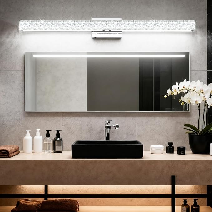 SOLFART LED Modern Bathroom Vanity Lights Over Mirror, Crystal Bathroom Light Fixtures, 40 Inch LED Chrome Vanity Light Wall Light