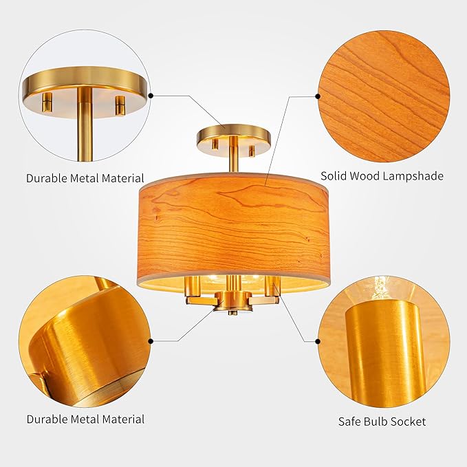 3-Light Solid Wood Drum Ceiling Light, Coastal Style Pendant Light Fixture for Dining Room, Living Room, D11.8 * H11.1 inch, Solid Wood Lampshade & Gold Finish