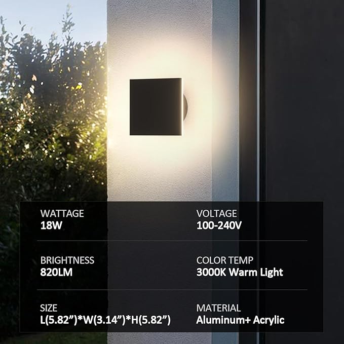 2 Packs LED Wall Light Outdoor Indoor Modern Wall Sconce Mini Wall Sconce Black Modern Outdoor Wall Lights Aluminum Porch Lights Outside Wall Lights 3000K (Square)