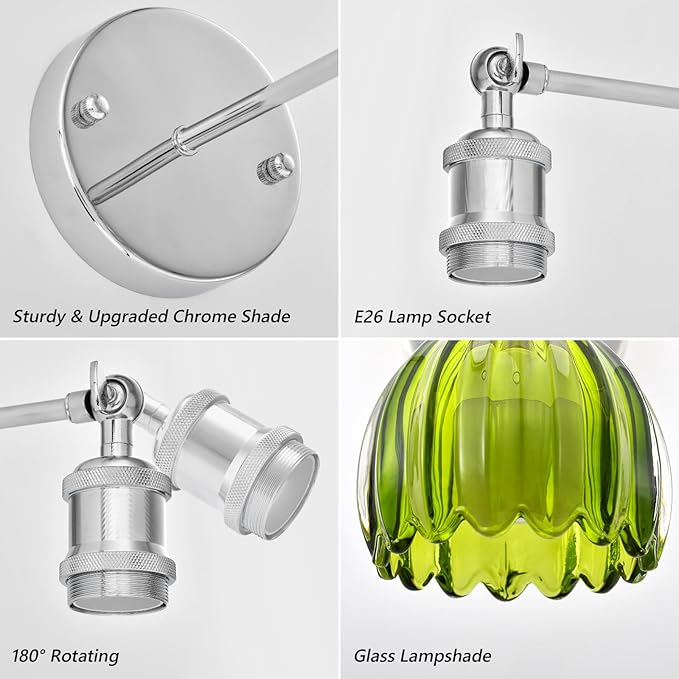 Vintage Battery Operated Wall Sconce, Green Tulip Glass Lampshade Wireless Rechargeable Battery Powered LED Wall Light with Remote Dimmable for Bedside Bedroom Living Room, Silver, Set of 2
