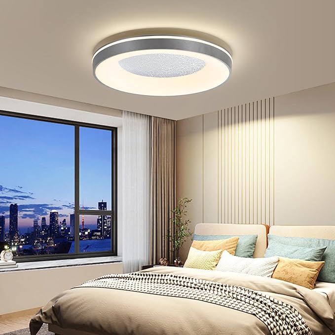 LED Flush Ceiling Light, 19in Grey Round Ceiling Light Dimmable 3000K/4500K/6500K Color Recessed Lamp for Living Room, Bedroom, Office,Hallway
