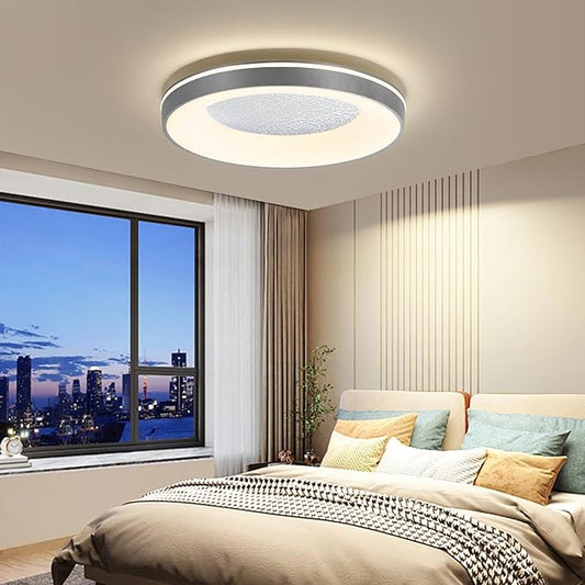 LED Flush Ceiling Light, 19in Grey Round Ceiling Light Dimmable 3000K/4500K/6500K Color Recessed Lamp for Living Room, Bedroom, Office,Hallway