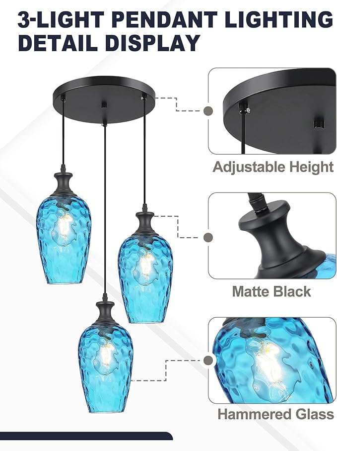 3-Light Pendant Lighting, Black Dining Room Chandelier Light Fixture Over Table with Blue Hammered Glass, Modern Cluster Hanging Lights for Kitchen Island Sink, E26