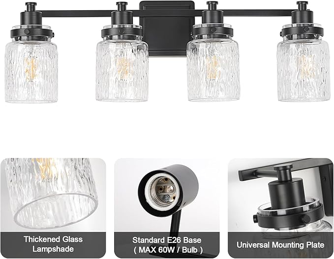 4 Lights Bathroom Light Fixtures Farmhouse Black Vanity Lights for Bathroom Lighting Fixtures Over Mirror with Hammered Glass Lampshade for Cabinet Mirror Bedroom Hallway
