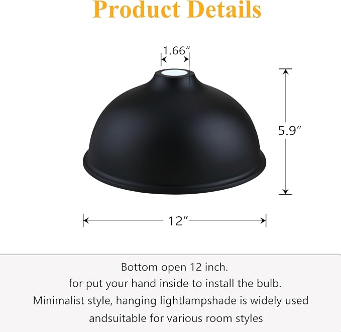 Industrial 12" Metal Drum Replacement Shades,1.6" Fitter Opening for Threaded Medium Base Socket,H5.9*D12 Black Finish 2 Pack