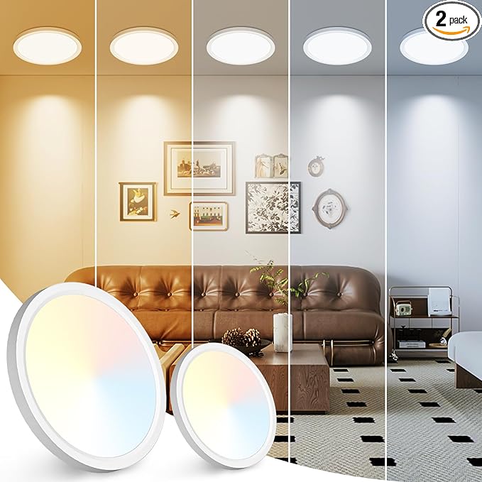 Peasur 7 inch LED Ceiling Light, 3000K/3500K/4000K/5000K/6500K Adjustable Flush Mount Light Fixture,1500LM 15W Thin White Round Lamp for Hallway Kitchen Bathroom Bedroom, 2Pack