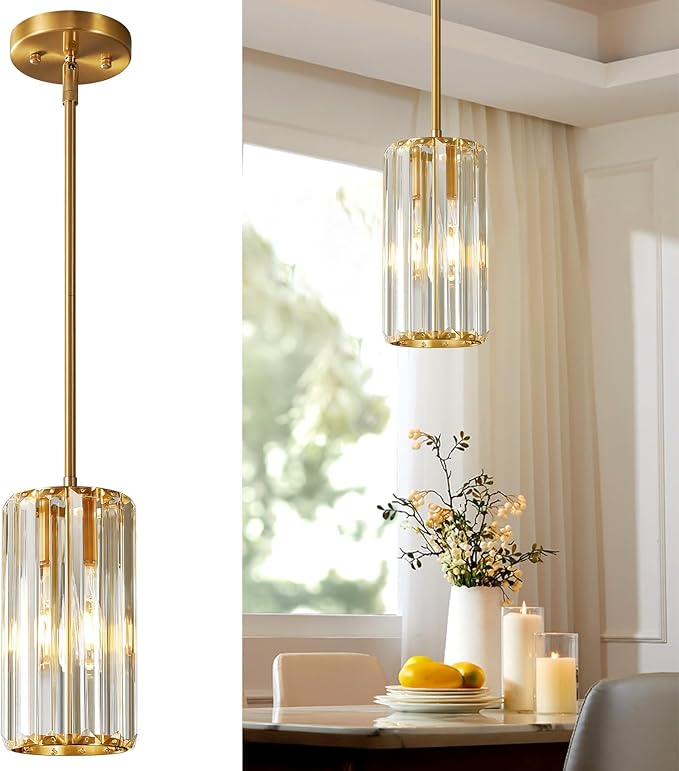 Gold Pendant Lighting Modern Pendant Light Mini Crystal Chandeliers Adjustable Pendant Light Fixture for Kitchen Island Dinning Room Corridor Bedroom (Gold 1-Light)