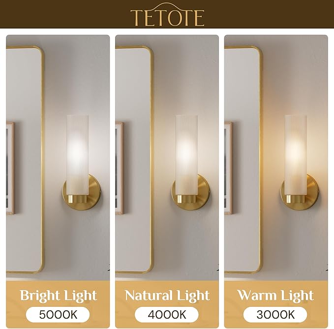 TETOTE Brushed Gold Wall Sconces Set of Two Modern Bathroom Wall Light Fixtures Farmhouse Wall Lights with Frosted Glass Shade for Mirror Bedroom Living Room