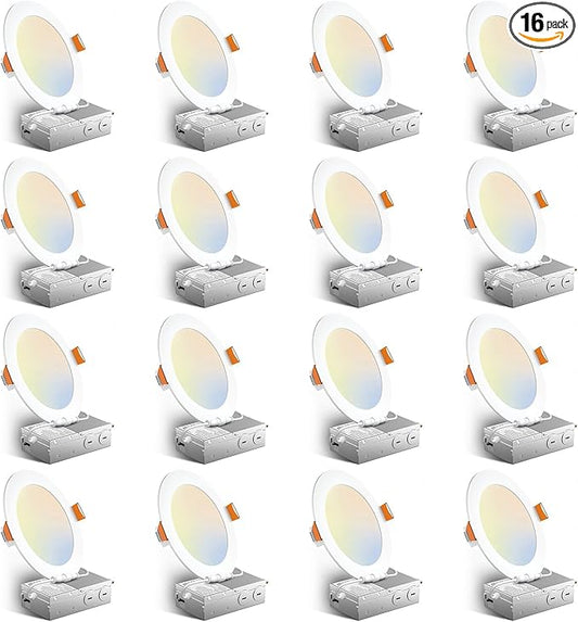 Amico 16 Pack 6 Inch 5CCT Ultra-Thin LED Recessed Ceiling Light with Junction Box, 2700K/3000K/3500K/4000K/5000K Selectable, 12W Eqv 110W, Dimmable Can Light, 1050LM High Brightness Downlight - ETL