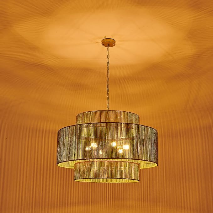 30.7in Large Rattan Chandeliers, 3-Tier Woven Boho Pendant Lights, Hemp Rope Hanging Ceiling Light, Wicker Lighting Fixture for Living Room, Dining Room, Bedroom, Kitchen Island