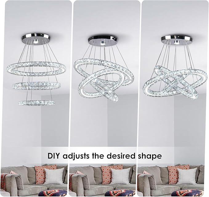CXGLEAMING Modern Chandeliers Crystal Ceiling Light 3 Rings Dimmable LED Pendant Light Fixture Ceiling Hanging for Living Room Dining Room Bedroom Kitchen 250mm Base 209 Crystals(Dimmable)
