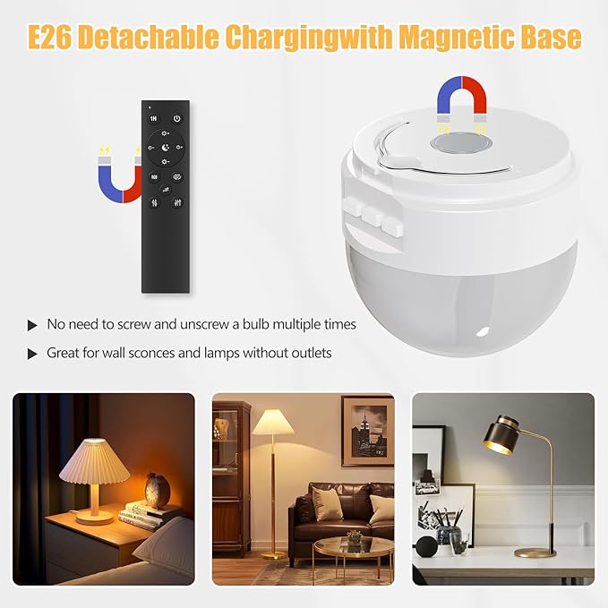 E26 2.4Ghz Rechargeable Light Bulb with Remote Control,Battery Operated Light Bulb for Sconces and Lamps, E26 Detachable Charging for Non-Hardwired Fixture,Dimmable 3000K-6500K RGBWW,2Pack